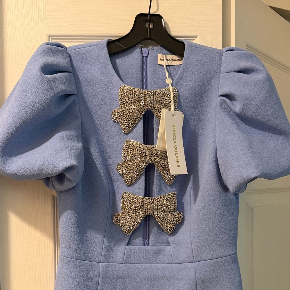 Rebecca Vallance Powder Blue Puff-Sleeve Mini Dress with Crystal Bow Accents - Picture 2 of 3